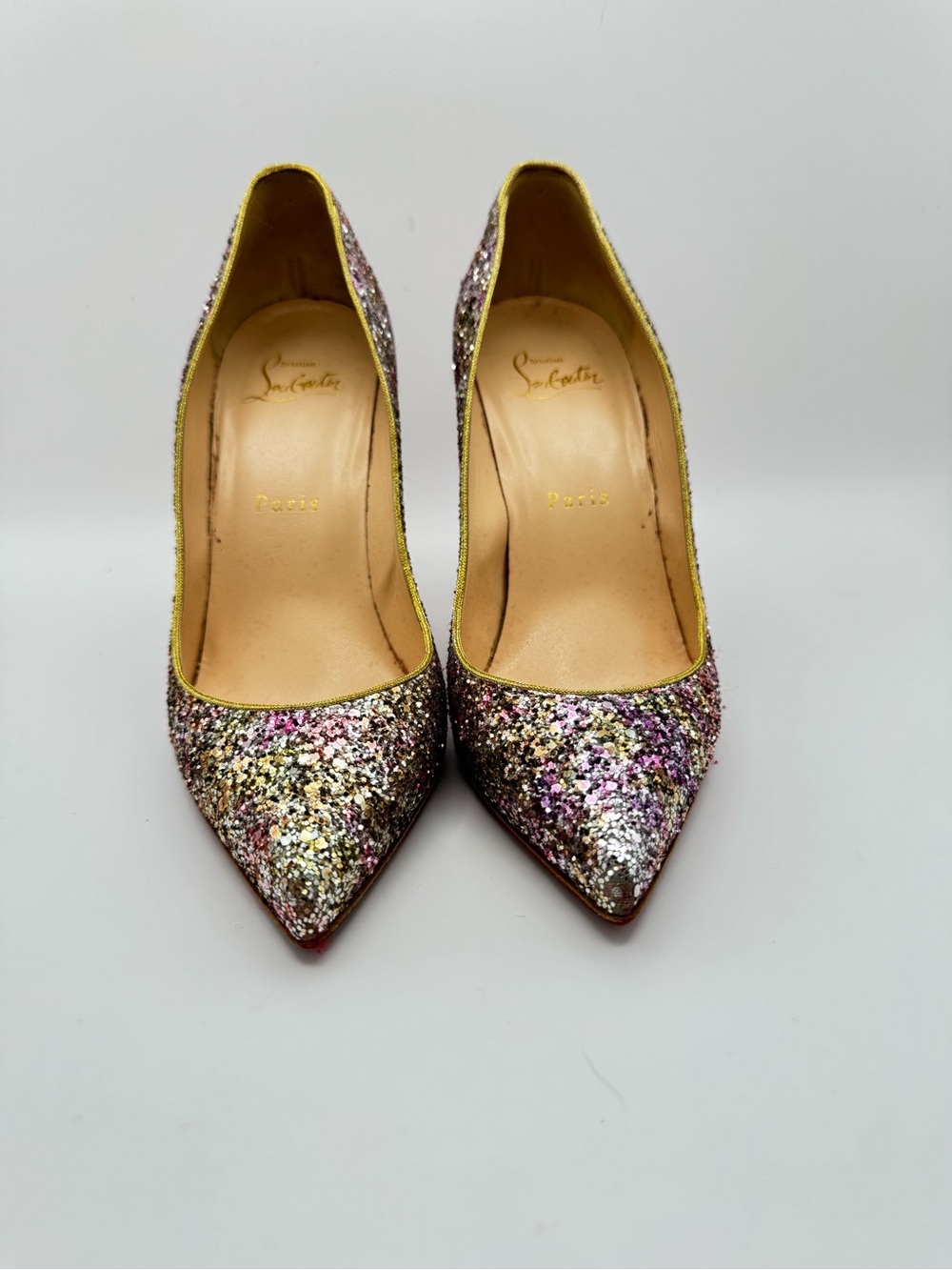 Christian Louboutin Pigalle Follies 100 Glitter Pumps Rosette Gold EU 36.5 - Picture 3 of 9
